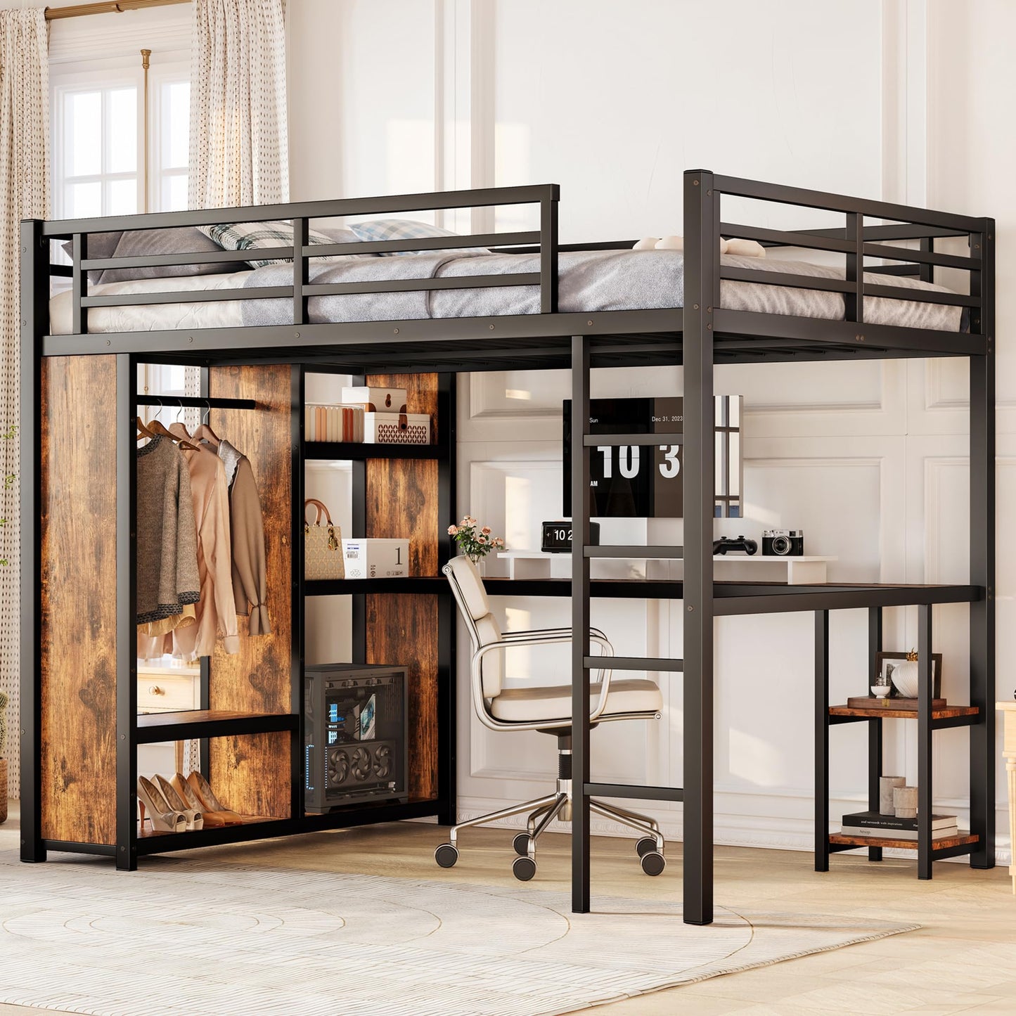 Bellemave Queen Size Loft Bed with Desk and Storage Shelves, Queen Loft Bed with Wardrobe and Hanging Rod, Game Loft Beds with Guardrail, Heavy Duty Loft Beds for Adults, Teens, Black Woodgrain