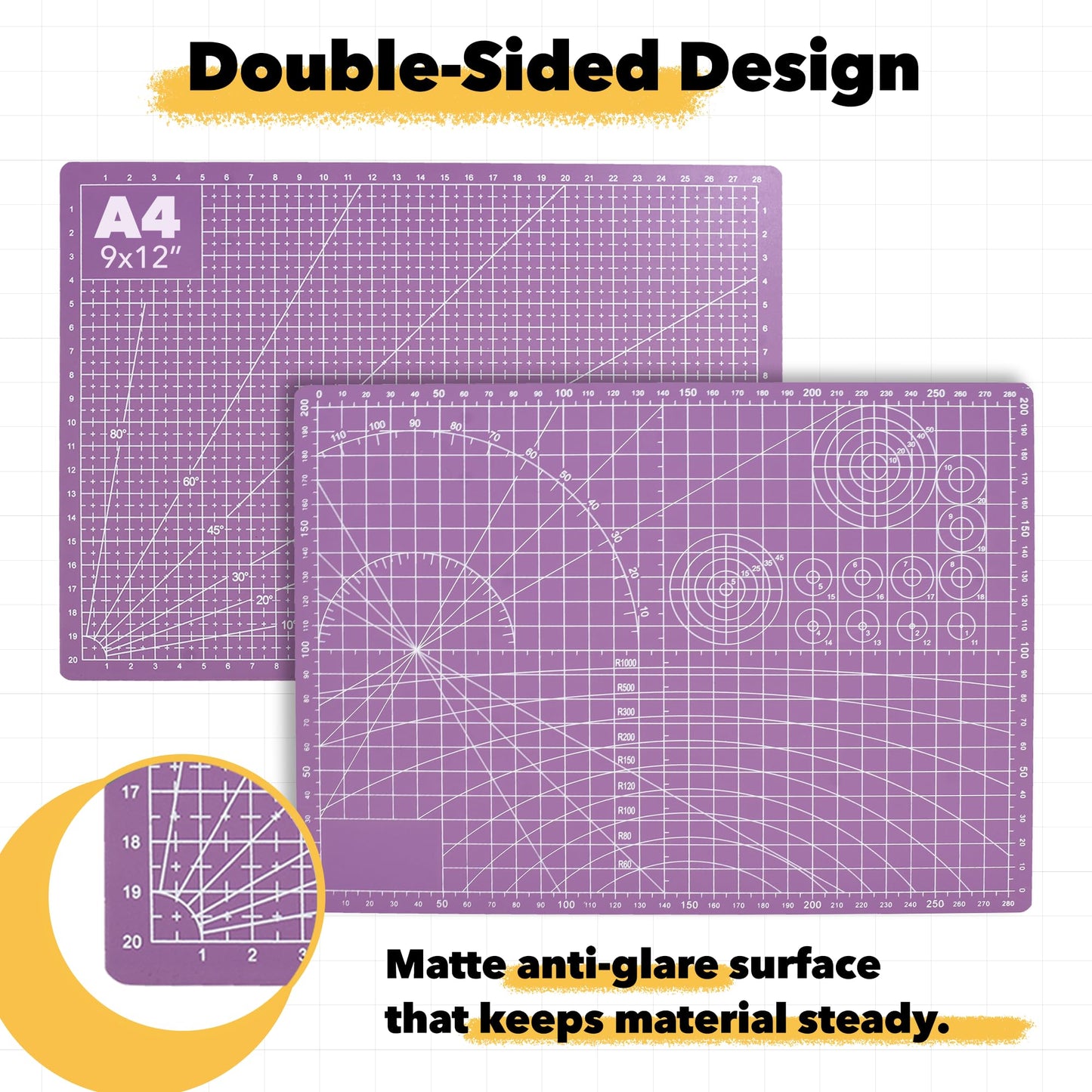 Mandala Crafts Self-Healing Cutting Mat Set – 9" x 12" A4 Purple Pink Double-Sided 5-Ply Mat with Fabric Cutter, Quilt Ruler & Craft Knife for Sewing, Quilting, Leather & Scrapbooking