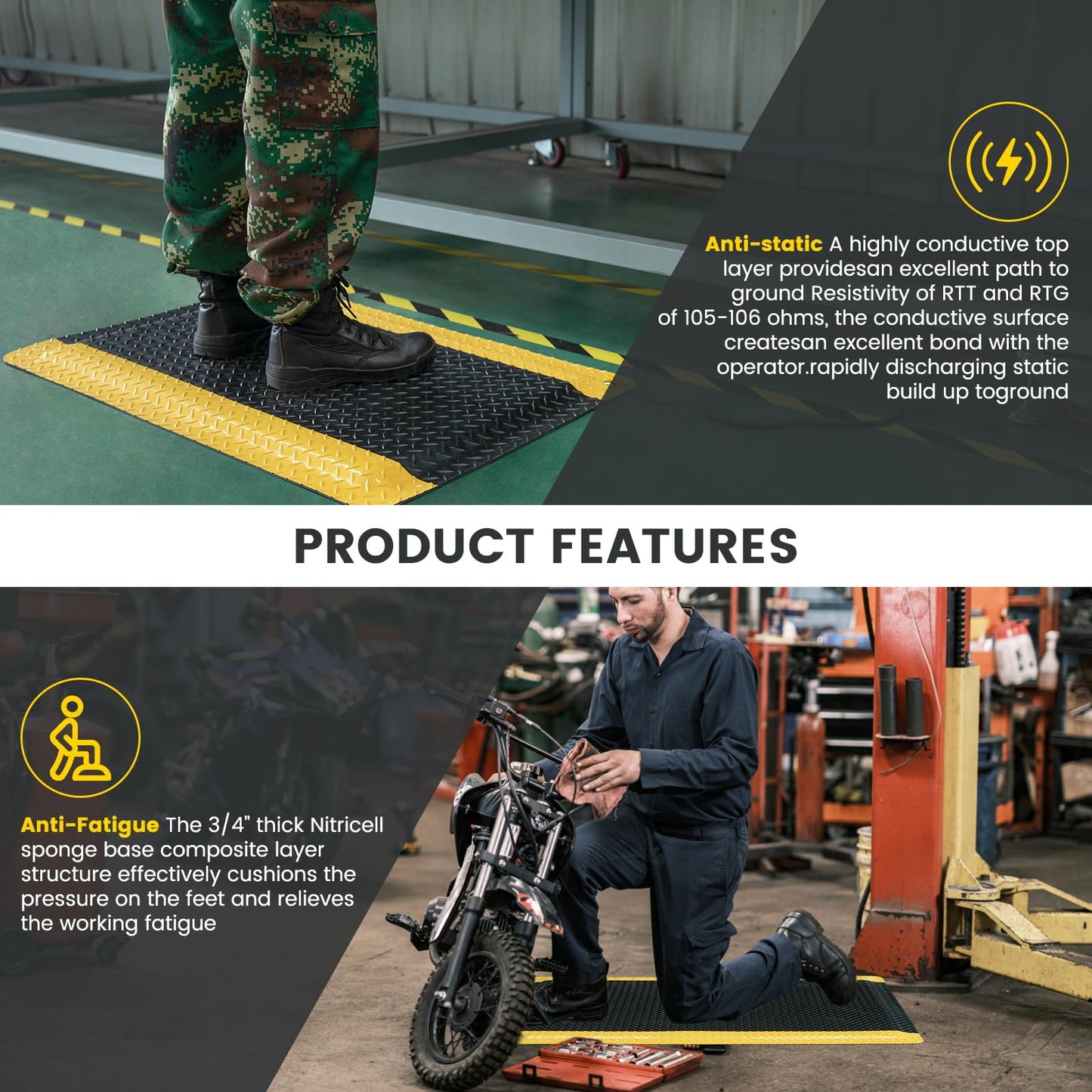 3' x 12' ESD Anti-Fatigue Conductive Mat, Durable Heavy Duty Diamond Plate, Soft Sponge Ergonomic Mat, Non Slip Waterproof Floor Mats for Commercial&Industrial Work Thick 3/4” Black with Yellow Border