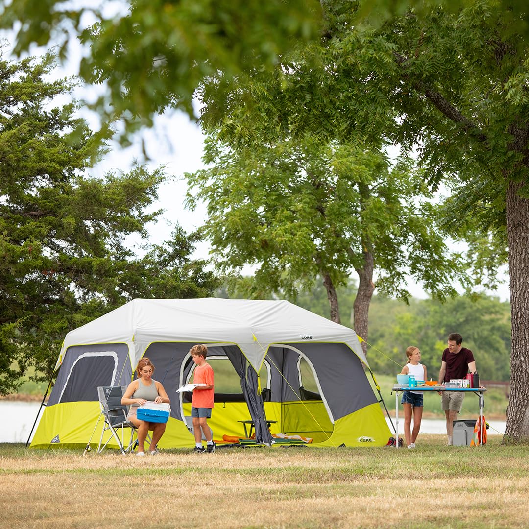 CORE 10 Person Instant Cabin Tent | Large Multi Room Family Pop Up Tent for 2 Minute Camp Setup | Included Storage Pockets for Camping Accessories