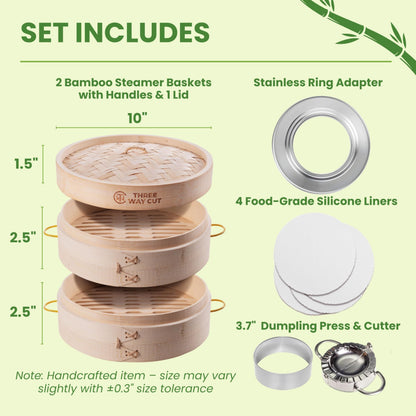 Bamboo Steamer 10 Inch 2 Tier Wooden Basket With Handle, Ring Adapter, Reusable Silicone Liner, Adapter, Molder Press For Cooking Vegetables Dumpling Press & Dough Cutter for Steaming Chinese Asian Food & Bao Bun, Dim Sum Potsticker
