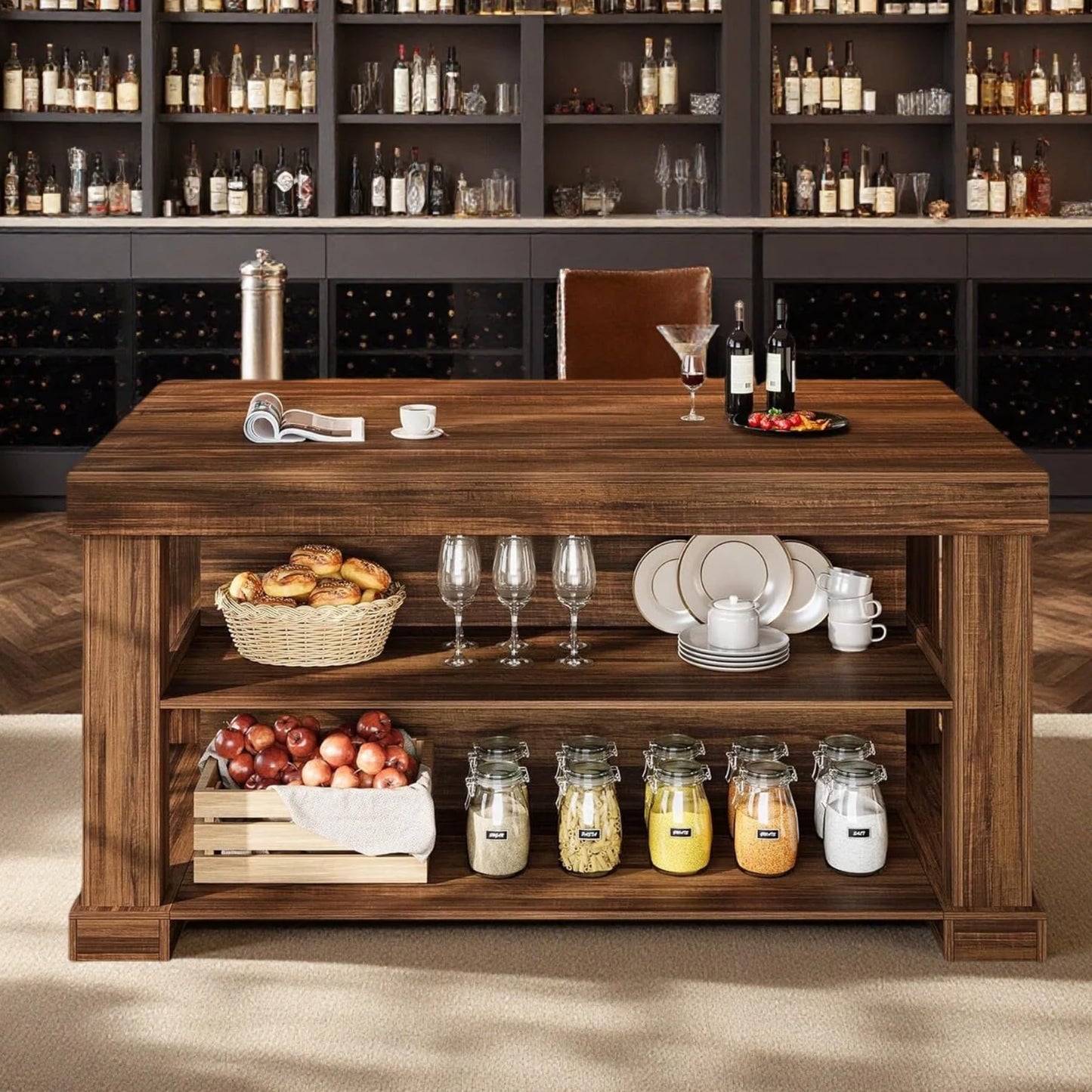 Tribesigns Kitchen Island with Storage, 55-Inch Farmhouse Stationary Island Table with Large Countertop, 3-Tier Wooden Center Bar Table for Kitchen, Dining Room, Dark Brown