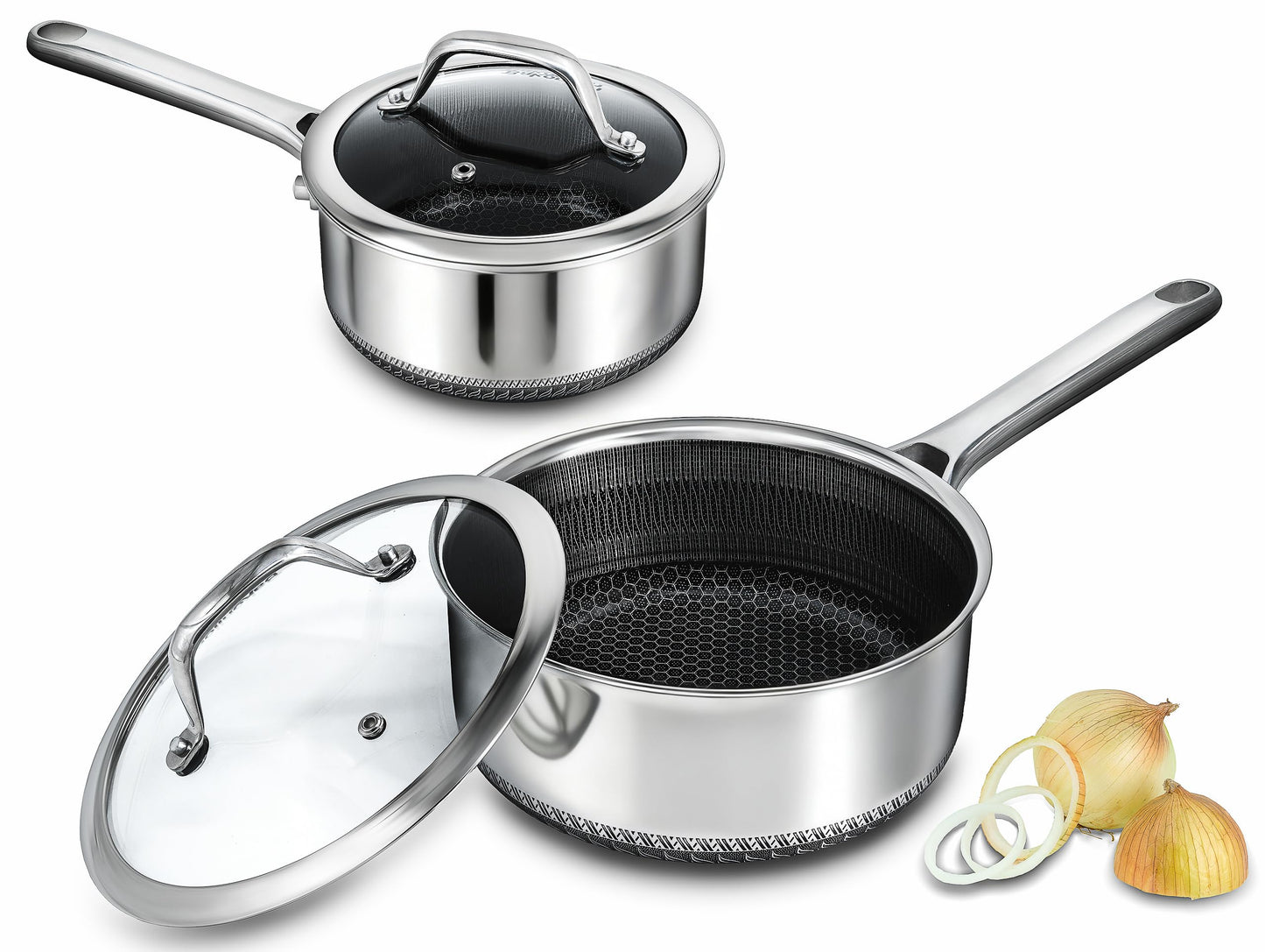 Bakoniion Hybrid Nonstick Saucepan Set of 2 with Lids 1.5 QT and 3 QT, Stainless Steel Honeycomb Pans with Side Pour Spouts,Compatible with All Cooktops,Dishwasher and Oven Safe