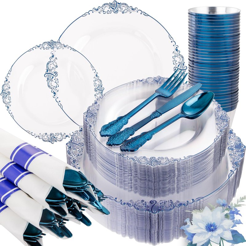 Hioasis 350pcs Clear Blue Plastic Plates - Elegant Disposable Dinnerware Set Suitable for 50 Guests Include 10.25" Dinner & 7.5" Dessert Plates, Pre Rolled Silverware Set, Cups for Party & Wedding