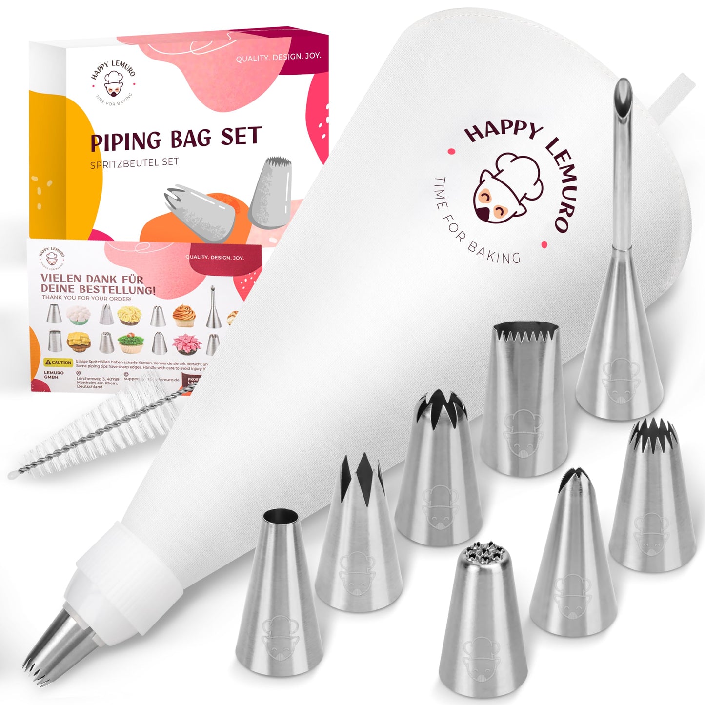 Happy Lemuro Premium Reusable Piping Bags and Tips Set - Cotton Pastry Bag 16" with 8 Large Icing Tips for Cake Decorating - Large Piping Tips Set - Dishwasher Safe