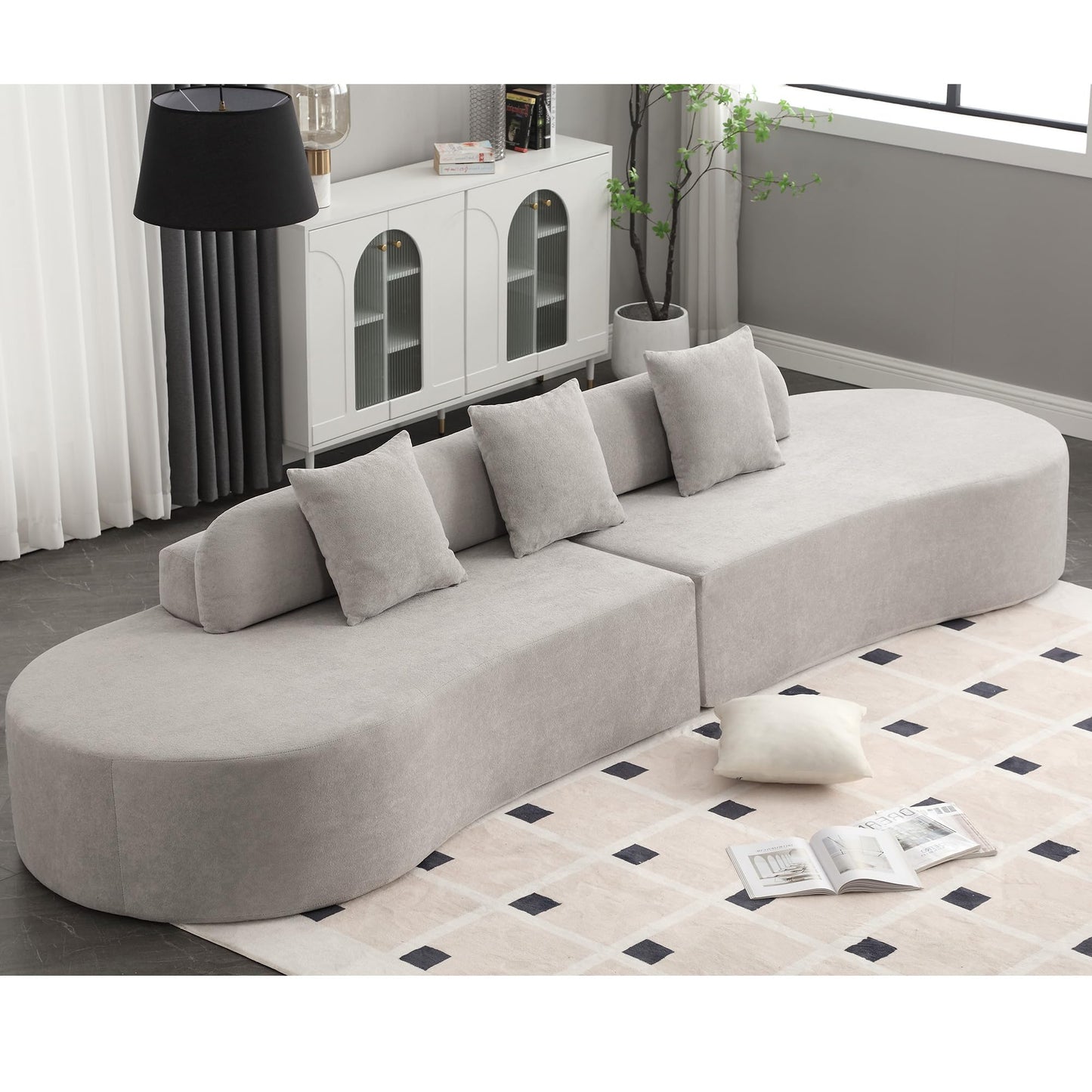 ACQCA 130.5" Modern Curved Combination Sofa, Cloud Couch with 3 Removable Pillows for Living Room, Apartment,Office,No Assembly Required, Gray
