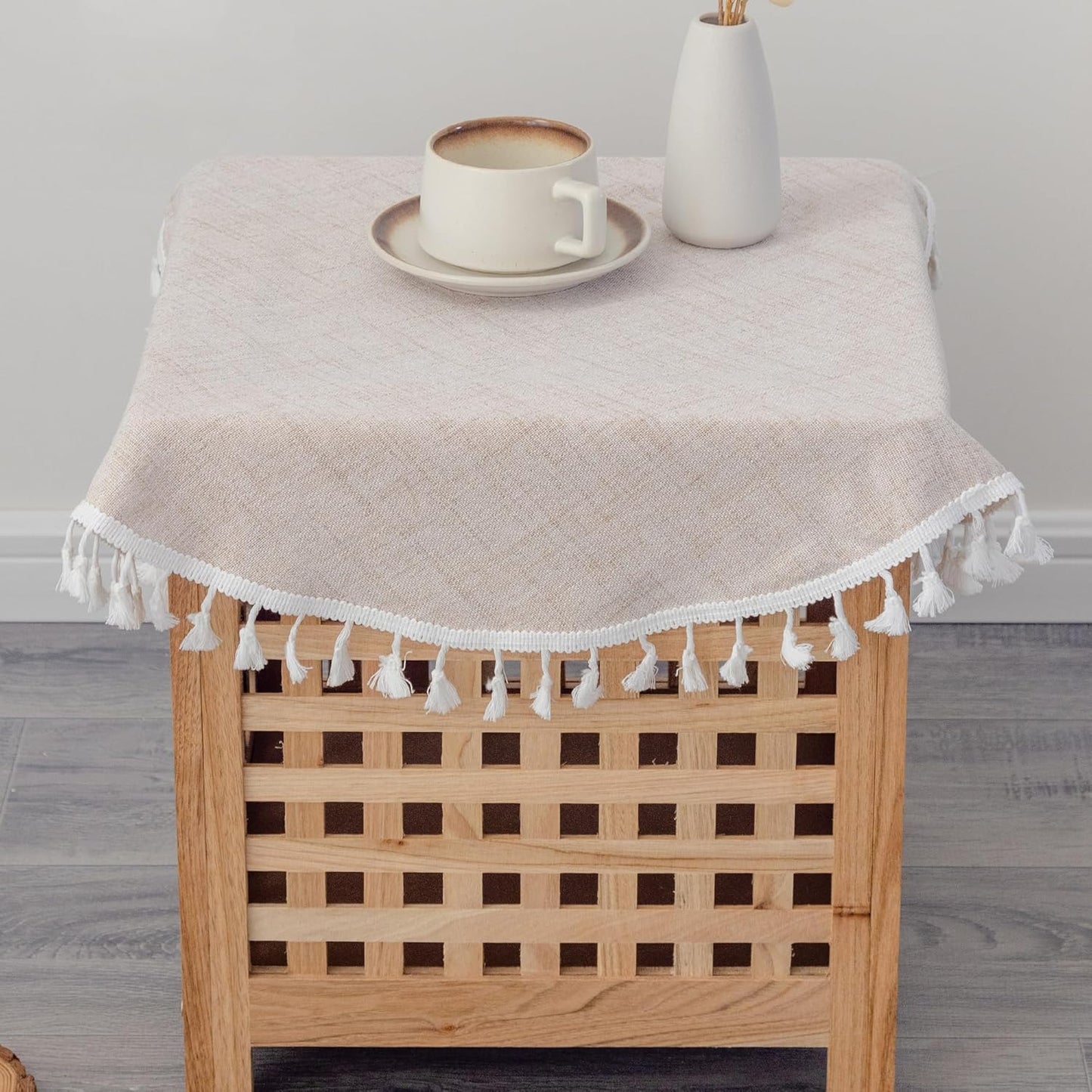 24 Inch Linen Small Round Tablecloth Beige Washable Wrinkle Resistant Table Cover with Tassels Farmhouse Decorative