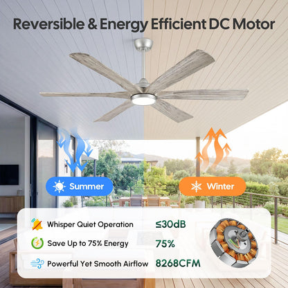 60 Inch Farmhouse Rustic Ceiling Fan with Light, Modern Smart Alexa/APP /Remote Control, Outdoor Fans for Patio Damp Rated, 6 Solid Wood Blades, High CFM Quiet DC Motor for Indoor Living Room Bedroom