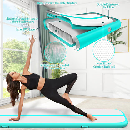 Gymnastics Mats, Air Mat Tumble Track 20FT 8 Inch Thickness Inflatable Training with Carry Bag Electric Pump For Home Use, Cheerleading, Yoga, Water Exercise (Green)