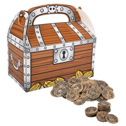GRANITE MOUNTAIN PRODUCTS Treasure Chest Treat Boxes For Gold Coins, Candy | Pirate Party Supplies | 12 Treasure Chest Party Favor Box & 144 Gold Coins | Halloween Costume Accessory | Pinata Filler