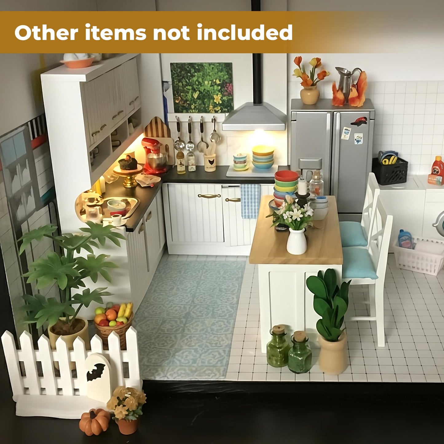 1/12 Dollhouse Kitchen Islands Dining Table Chairs Set – Miniature Kitchen with Stools, Modern Wood Furniture for Dollhouse Room Decor – Realistic Miniatures for Restaurant Bar Pub Barbie Crafts