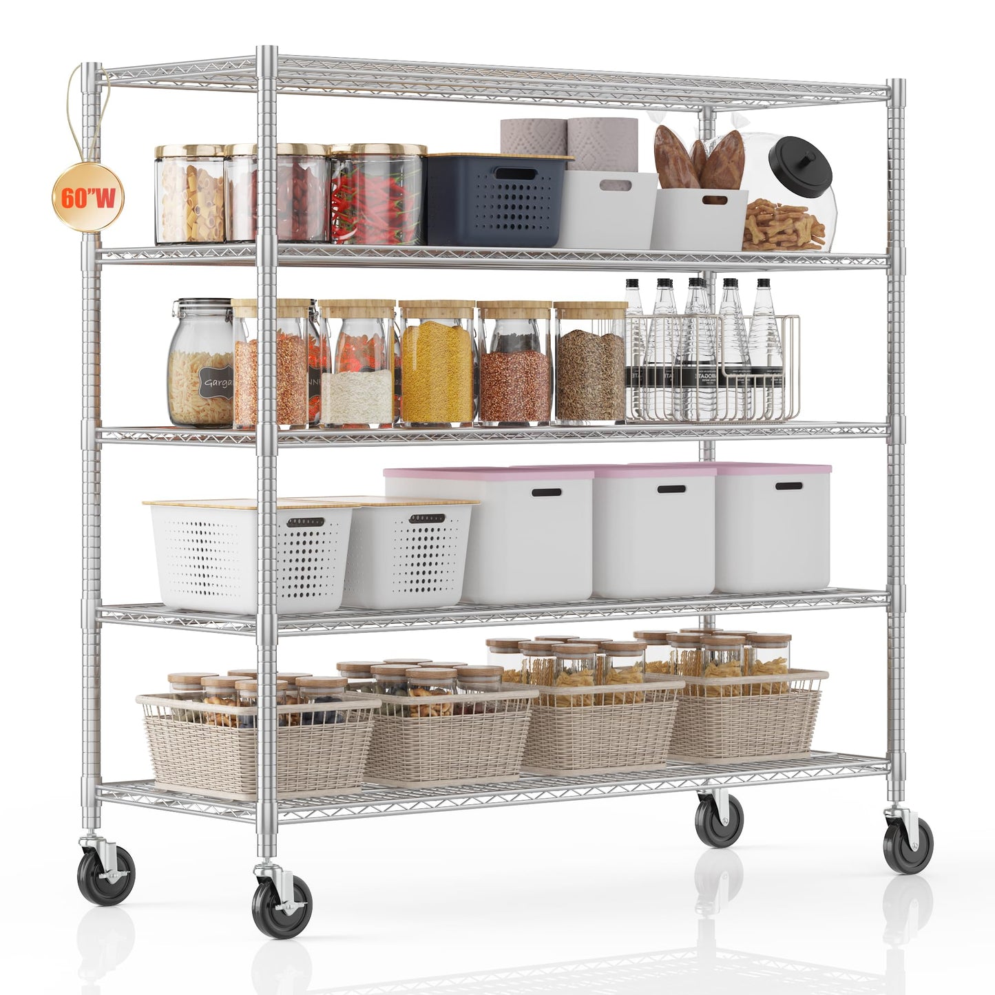 Homdox 5 Tier Storage Racks and Shelving, 24"x60"x82" Heavy Duty Metal Shelves for Storage, 3000LBS Commercial Adjustable Wire Shelving Unit on Wheels for Garage, Pantry, Kitchen, Warehouses, Chrome
