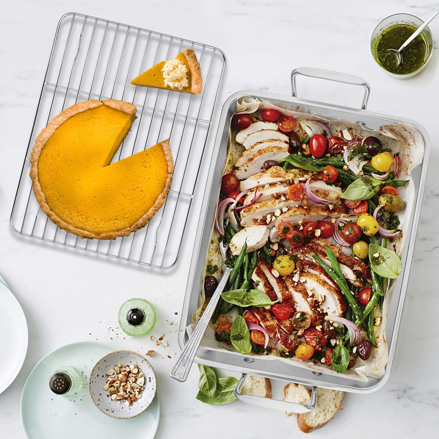 14 Inch Roasting Pan with Rack, Leonyo Large Turkey Roasting Pan, Stainless Steel Roaster Pan with Wire Rack Non Stick Baking Pans for Cooking Ham, Chicken, Cake, Lasagna, Casserole