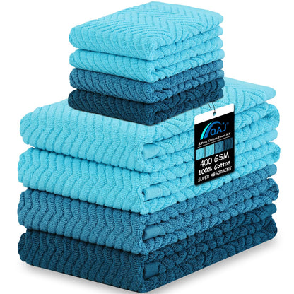 QAJ 100% Cotton Kitchen Towels and Dishcloths Set, Pack of 8 Super Absorbent 16" x 25" Kitchen Towels and 13" x 13" Dish Cloths (400 GSM)