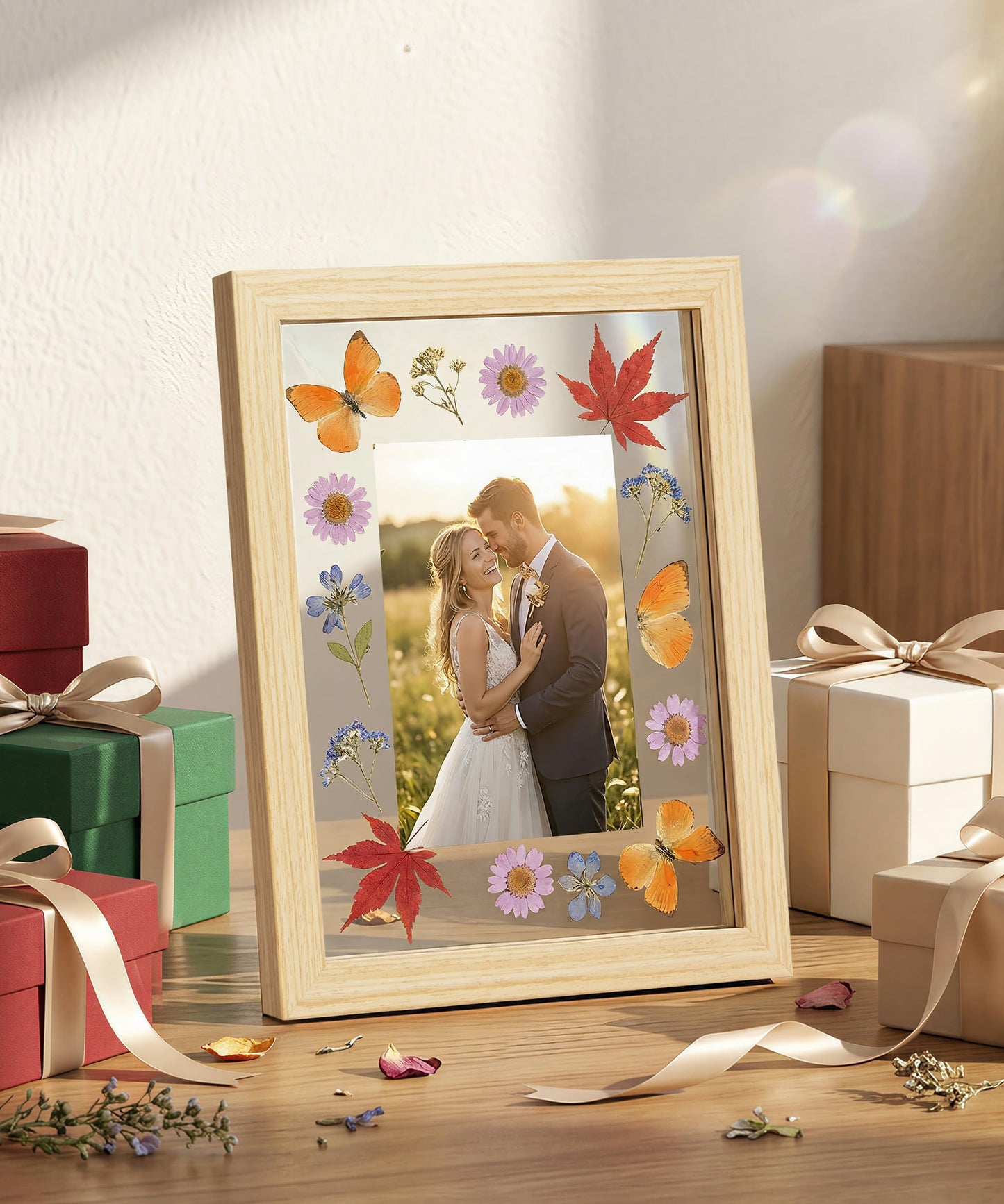 Sonefreiy Floating Picture Frames 8x10 Set of 2, Wooden Photo Frame Double Glass Pressed Flower Frames 5x7 Wall and Tabletop Display Gift for Family Friends Wedding