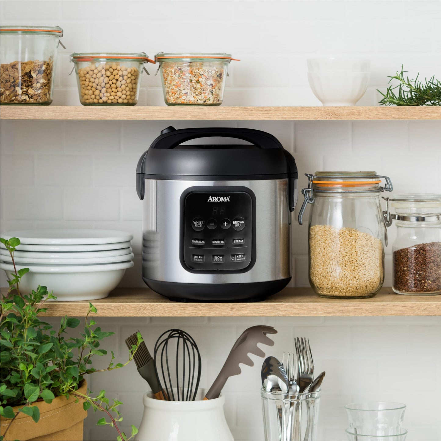 AROMA Digital Rice Cooker, 4-Cup (Uncooked) / 8-Cup (Cooked), Steamer, Multicooker, Slow Cooker, Oatmeal Cooker, Auto Keep Warm, 2 Qt, Stainless Steel Exterior