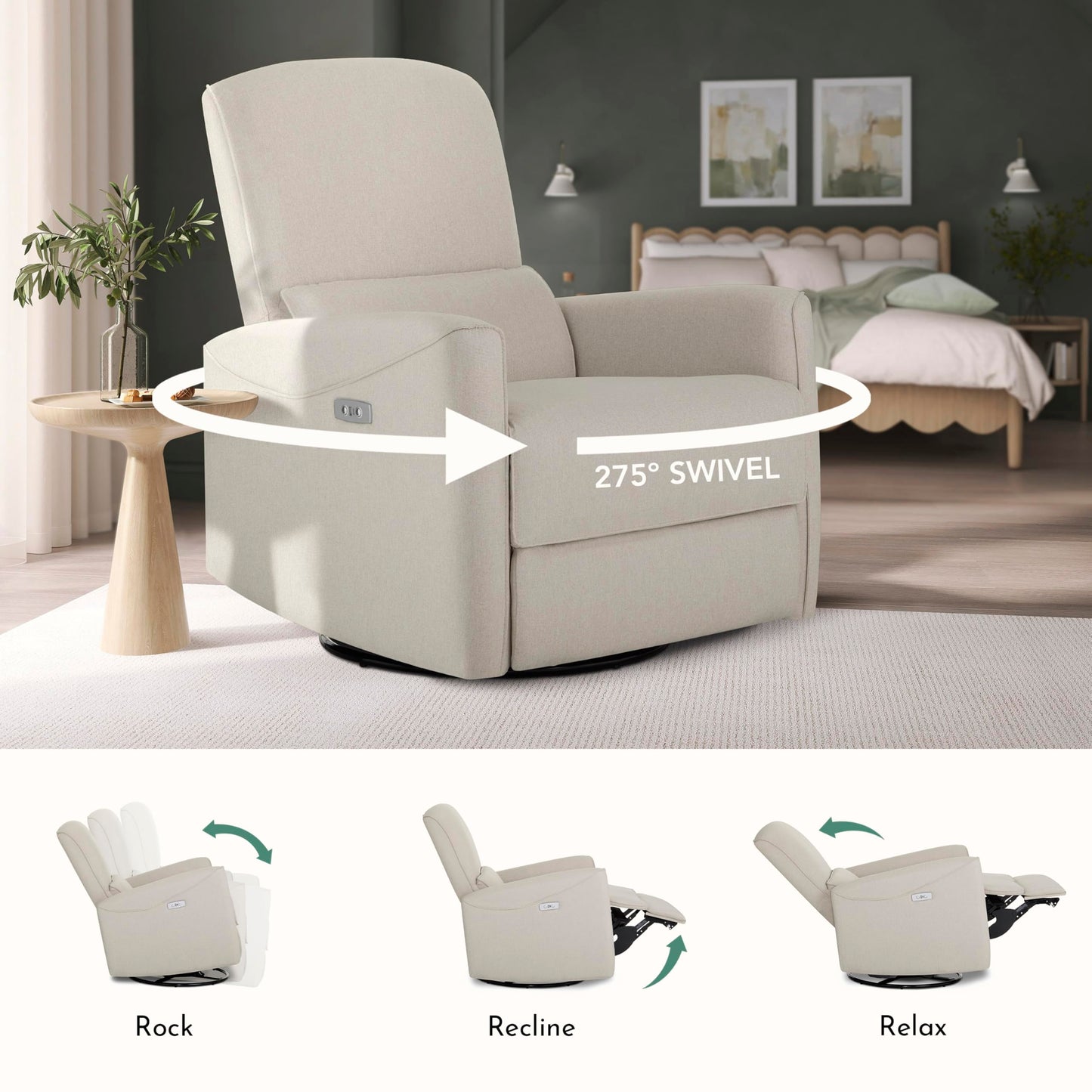 Evolur Belmont Nursery Glider Chair with Massager in Light Sand, Power Recliner with 275° Swivel, Lumbar Support Modern Rocking Chair for Baby Room, Nursery & Living Room