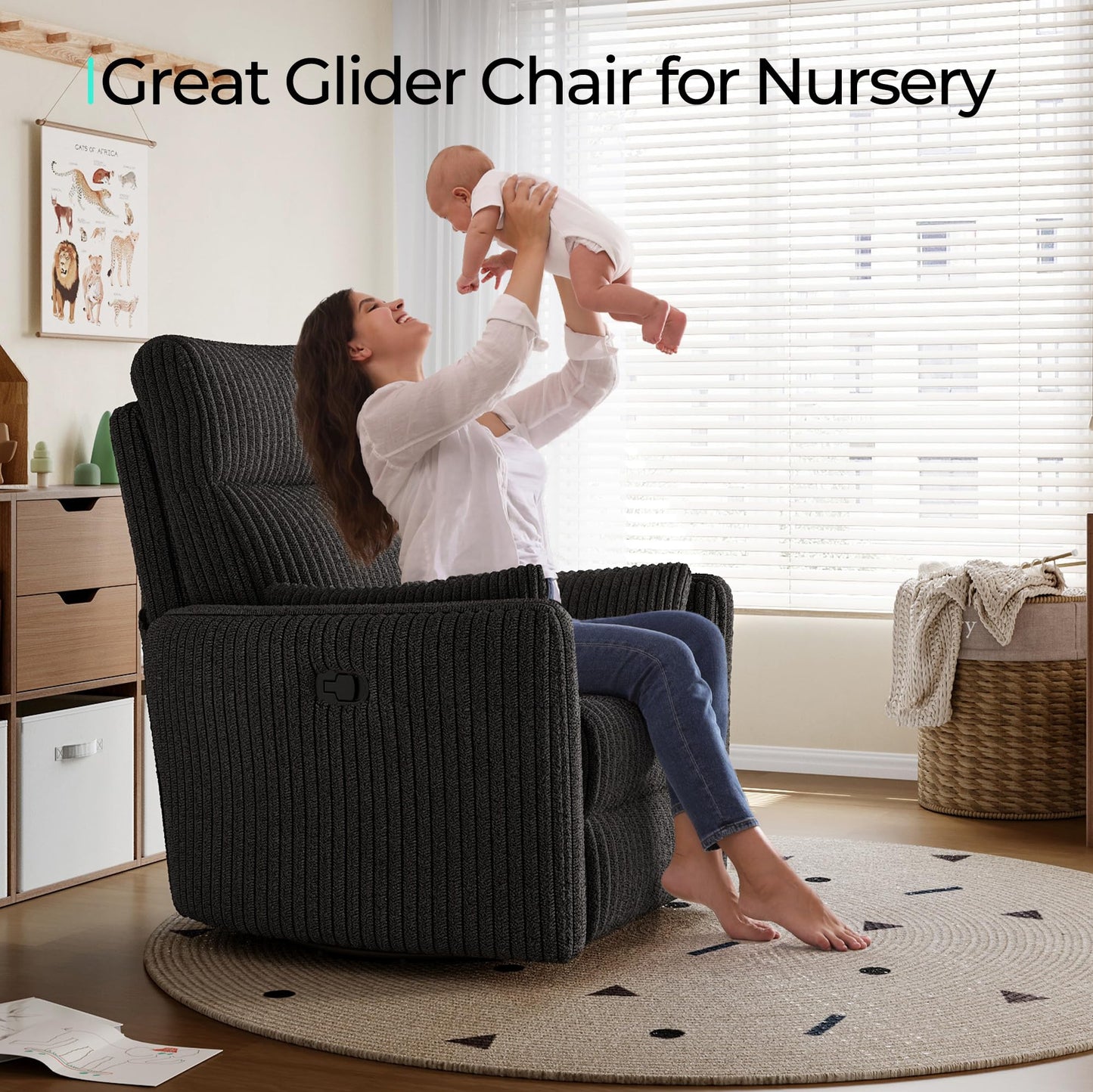 LINSY 360 Swivel Recliner Chair, Nursery Glider Rocking Chair with 2 Pillows, Corduroy Nursing Chair Comfy High Back Adult Rocker Recliner for Small Spaces, Nursery Bedroom Living Room (Black)