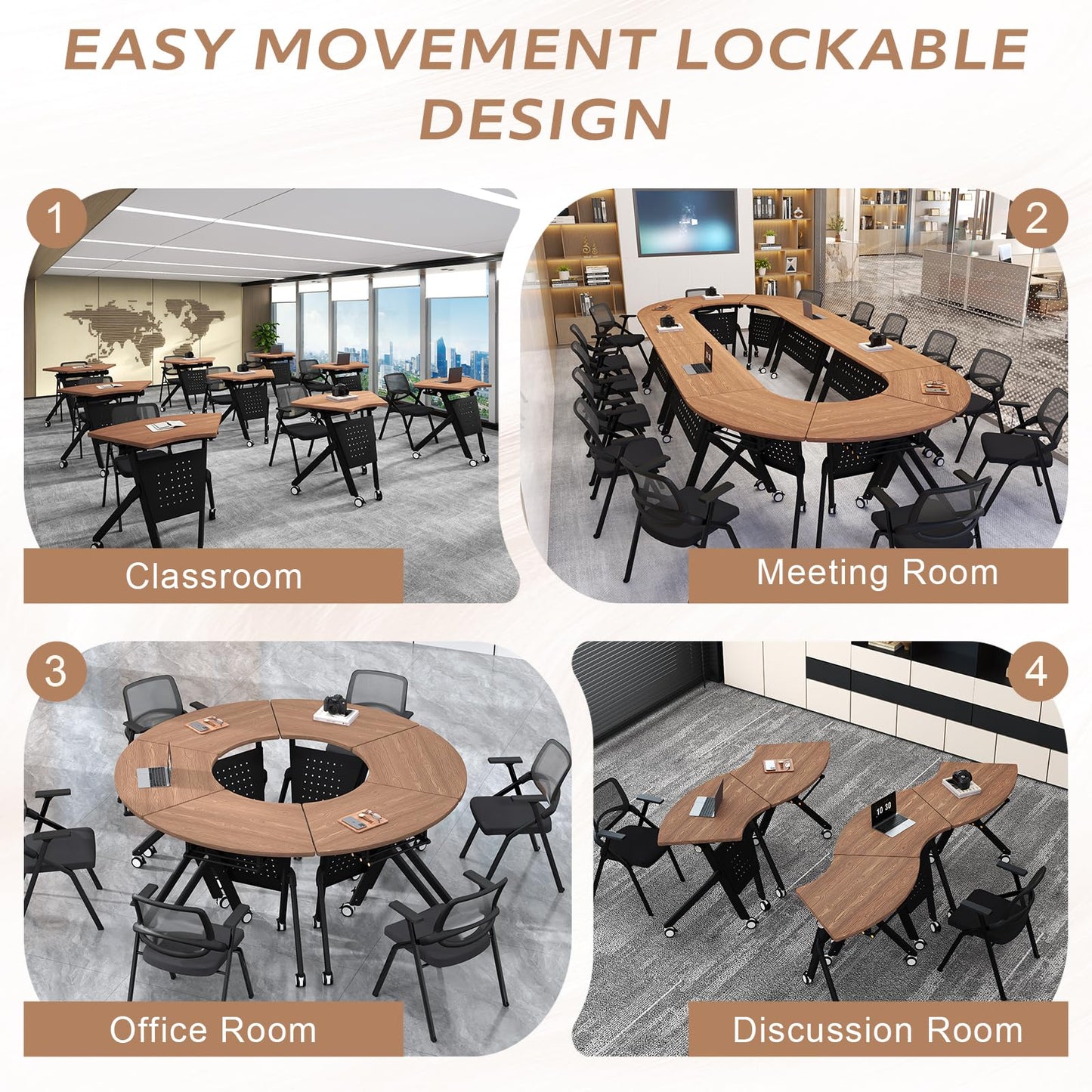JFazzruit Folding Conference Table,Fan-Shaped Conference Room Tables with Wheels, Mobile Modular Seminar Meeting Desk for Classrooms,Office & Seminar (2, Fan-Walnut)