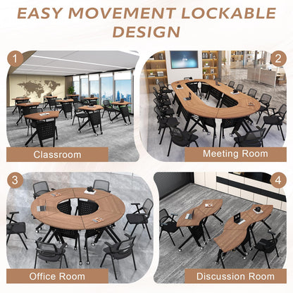 JFazzruit Folding Conference Table,Fan-Shaped Conference Room Tables with Wheels, Mobile Modular Seminar Meeting Desk for Classrooms,Office & Seminar (2, Fan-Walnut)