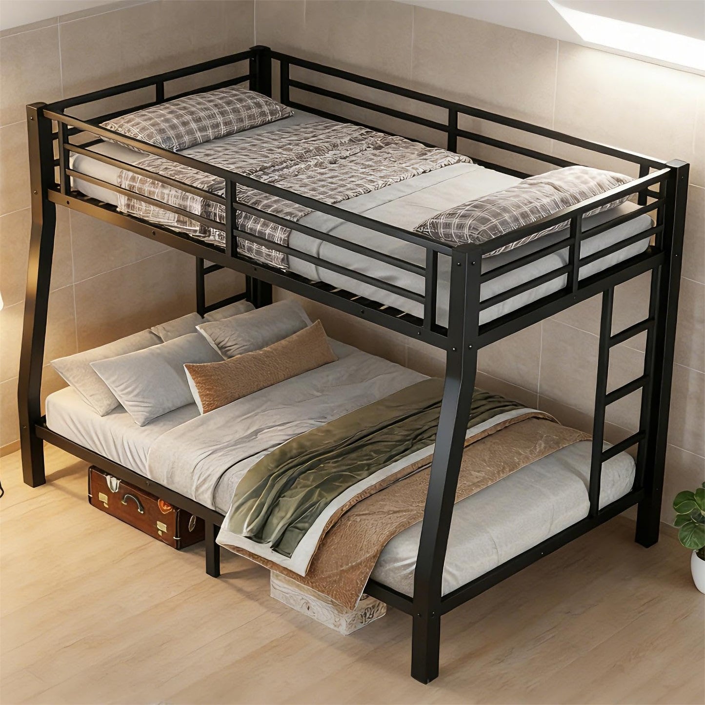 Bellemave Metal Full XL Over Queen Bunk Bed with High Guardrail & Under-Bed Storage, Heavy Duty Bunk Beds Frame with 2 Side Ladders, Full Over Queen Bunk Bed for Adults, No Box Spring Needed, Black