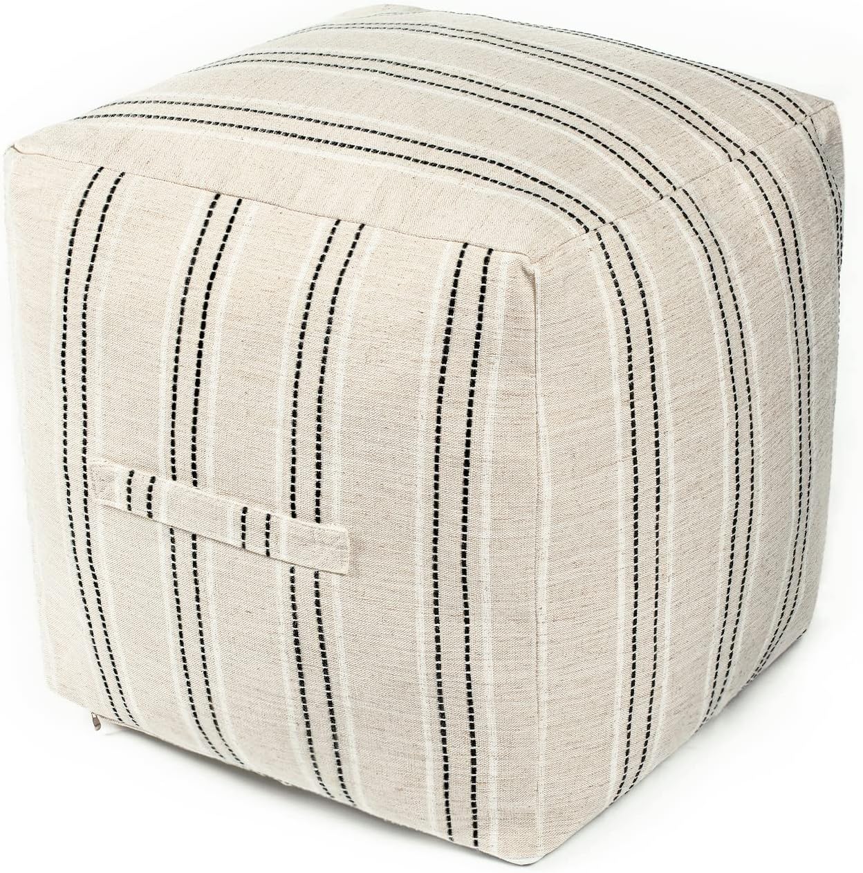 18"x18"x18", AELS Unstuffed Farmhouse Pouf Cover for Living Room, Boho Storage Bean Bag Cubes, Beige with Black Stitch