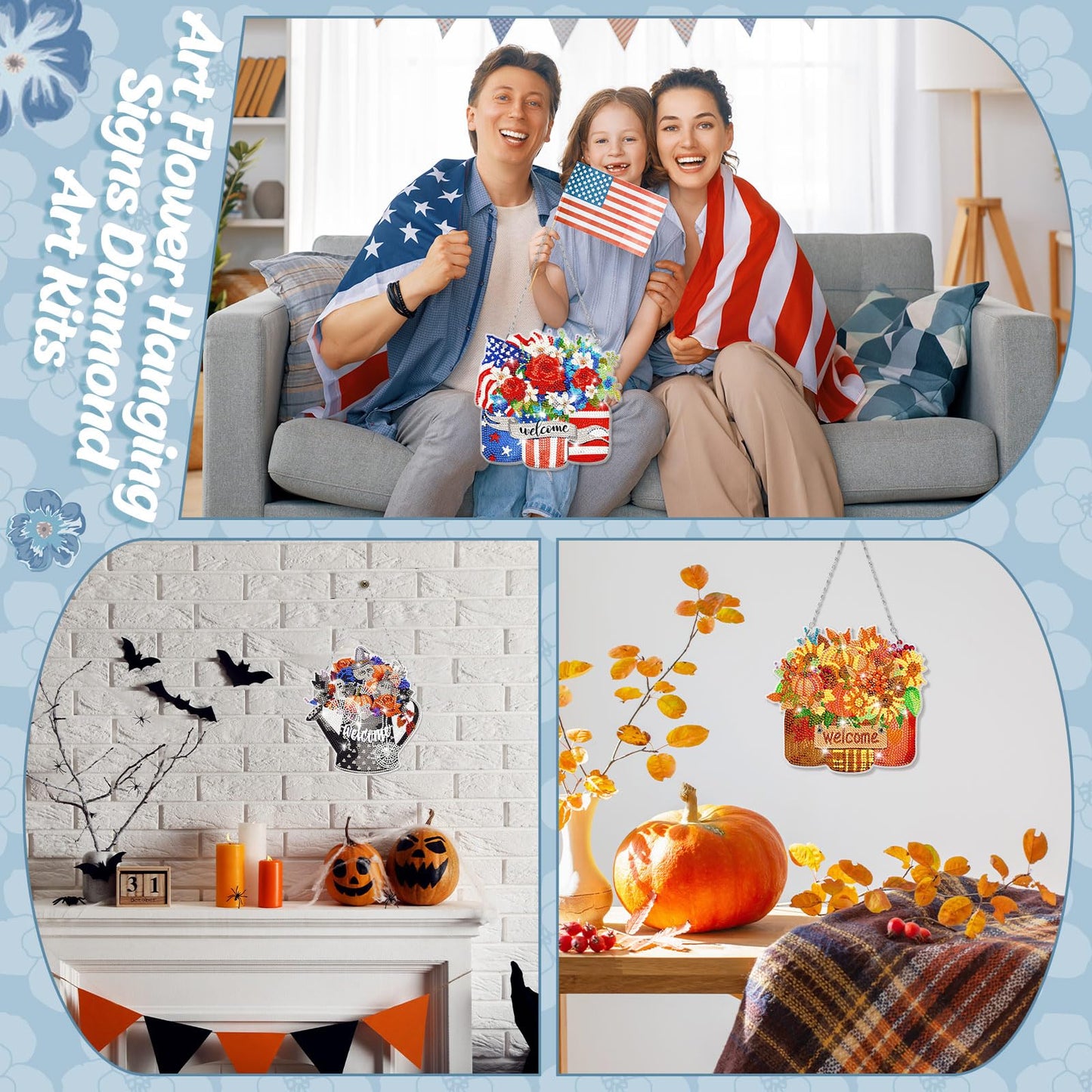 Chitidr 6 Pcs Seasonal Diamond Art Kits Diamond Art Flower Hanging Signs Diamond Art Kits for Adults Diamond Art Ornaments Winter Christmas Diamond Kits for Summer Fall Wall Door Decoration