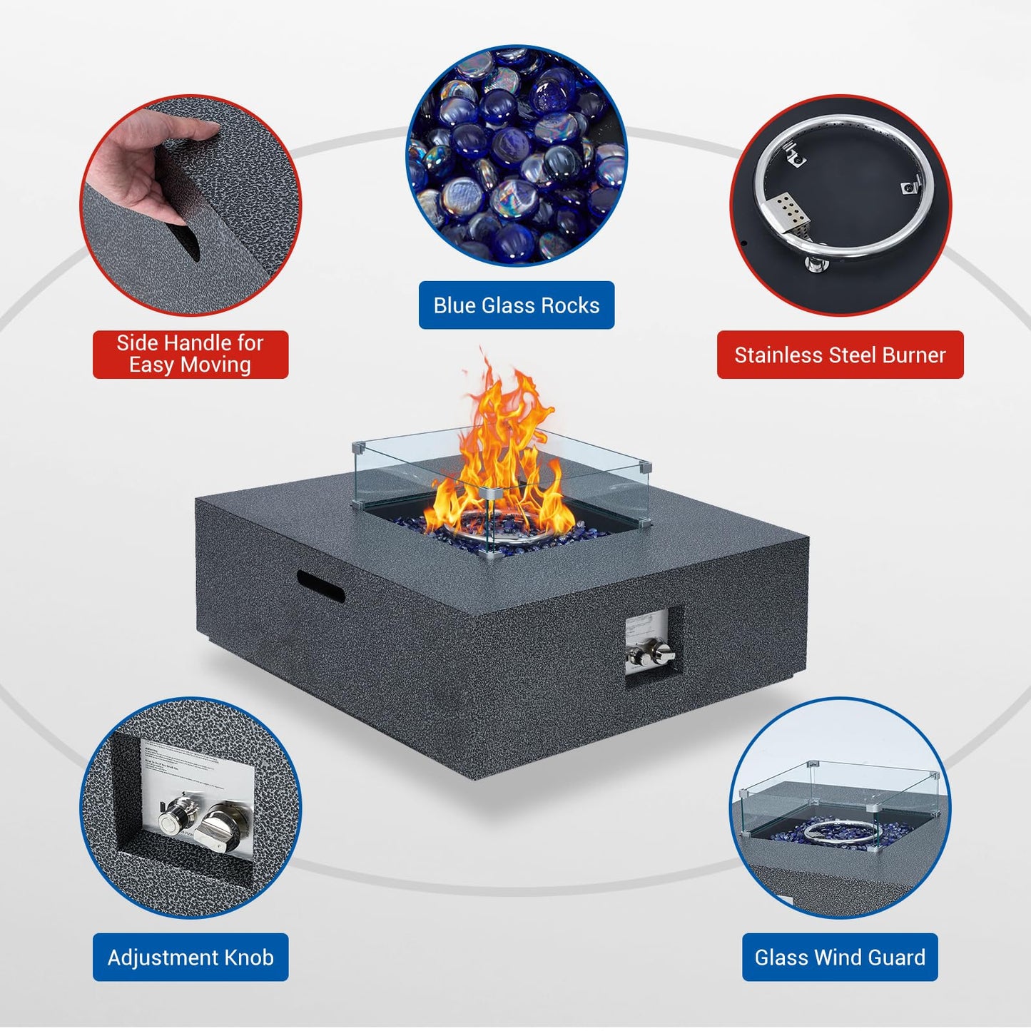 50000 BTU Propane Fire Pit Table, 36 in Outdoor Gas Fire Pit Table with 16 in Propane Tank Cover, Wind Guard, Glass Rocks & Rain Cover for Garden Backyard Deck Patio