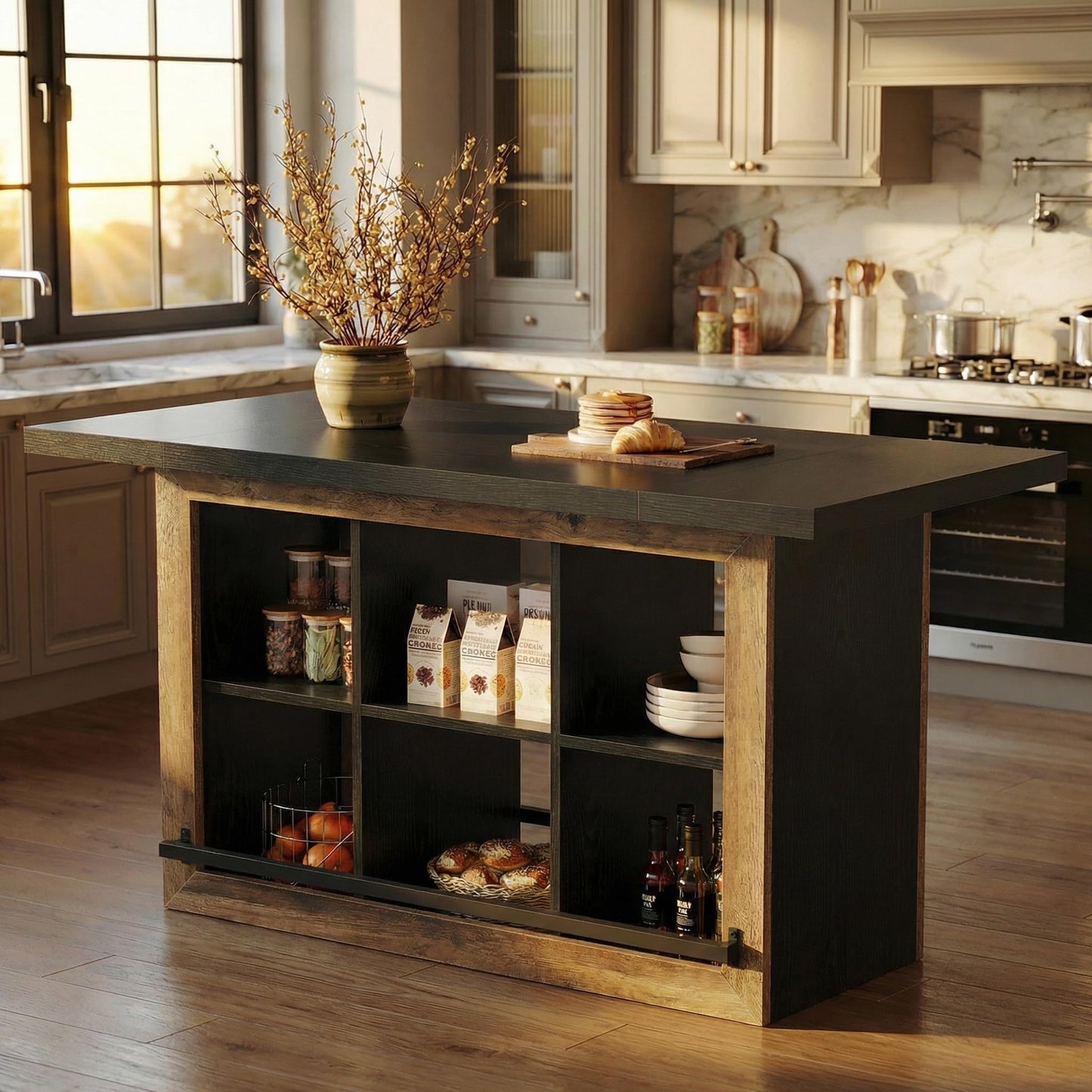 Tribesigns Kitchen Island with Storage, 62.6" Farmhouse Table with 6-Cubby Open Shelves & Metal Foot Rail, Butcher Block Style Counter Height Stationary Unit