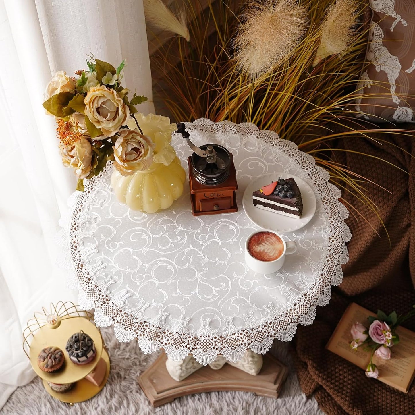 24 Inches Lace Elegant White Jacquard Round Doily Tablecloth Small Overlay Table Topper Dresser Scarf for Home Kitchen