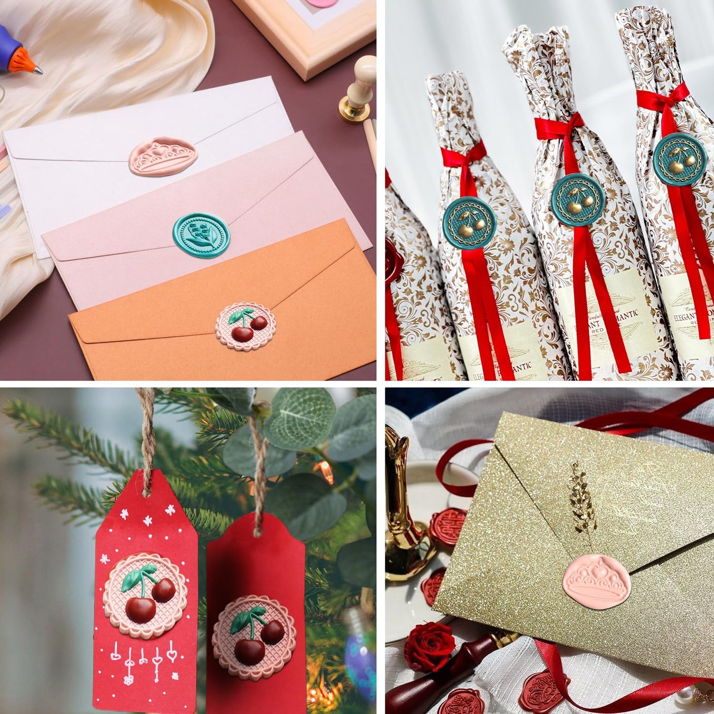 Wax Seal Electric Kit with 24 Colors Wax Seal Beads 600pcs, 3pcs (Cherry/Heart Crown/Lily of the valley) Stamps with Electric Warmer Set for Sealing Invitation, Christmas, Gift Wrapping (3D Stamp Kit)