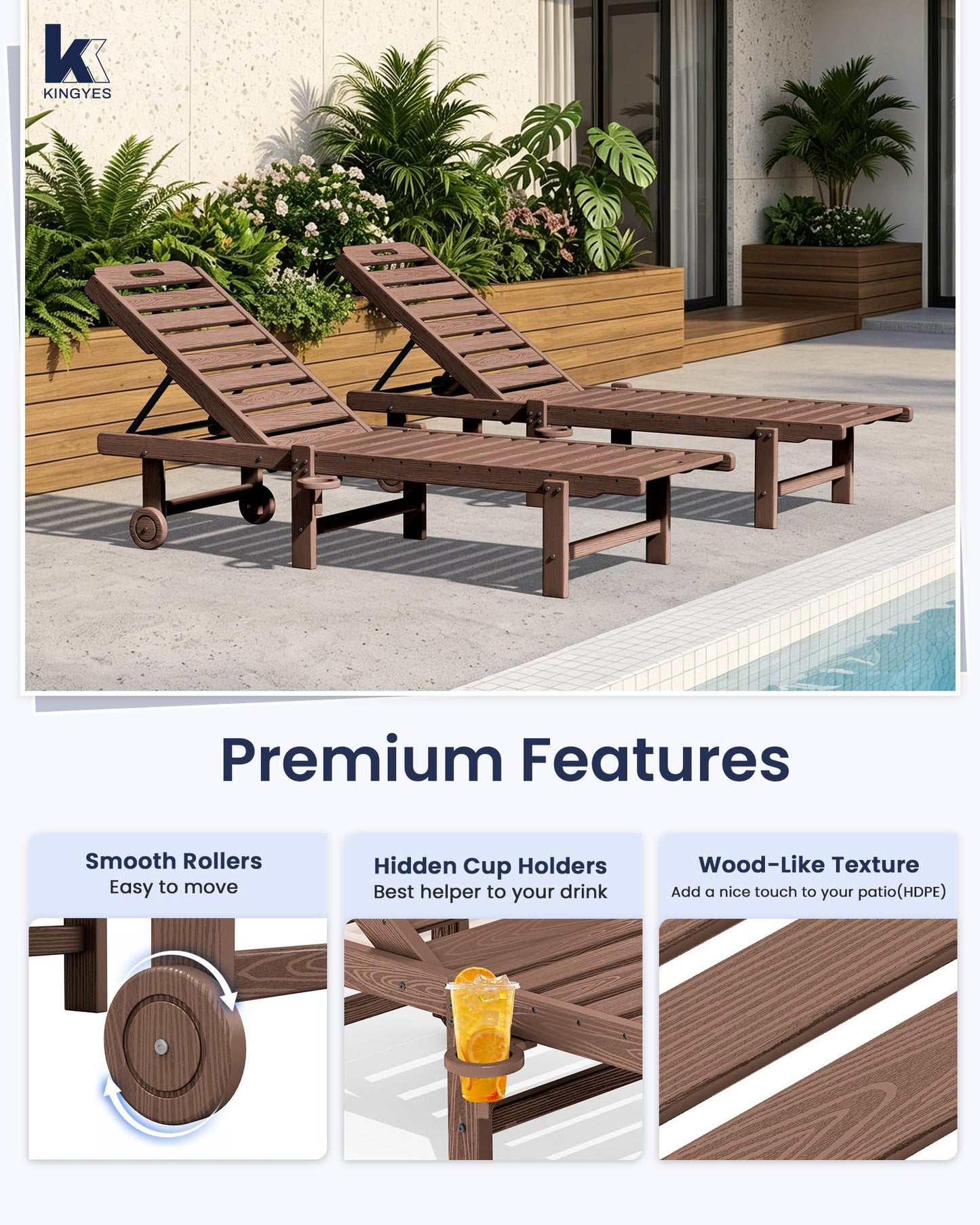 KINGYES Outdoor Armless Chaise Lounge Set of 2, HDPE Pool Lounge Chairs with Cup Holder & Wheels, Patio Lounger Chairs for Poolside, Brown