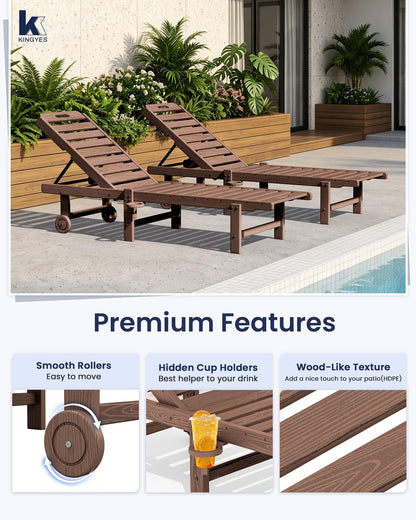 KINGYES Outdoor Armless Chaise Lounge Set of 2, HDPE Pool Lounge Chairs with Cup Holder & Wheels, Patio Lounger Chairs for Poolside, Brown