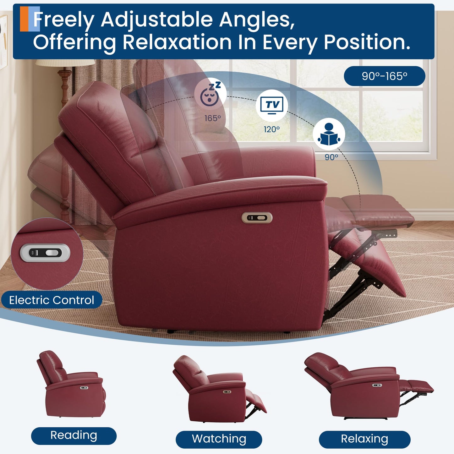 Garvee Power Swivel Recliner Chair, PU Leather Electric Reclining Armchair with Free Position, 270 Degree Swivel, 38.6 in Wide Seat, 350 Lb Capacity, Single Sofa for Living Room Bedroom, Dark Red