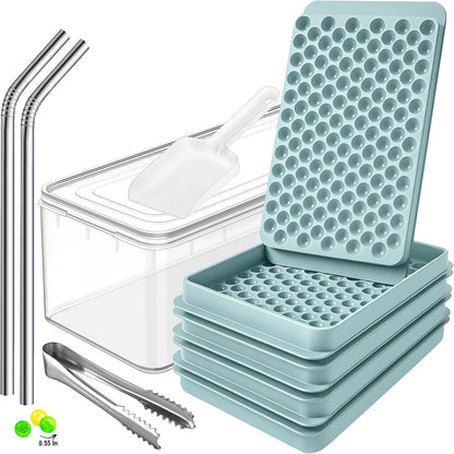0.55in Mini Ice Cube Trays - Plastic Tiny Pebble Ice for Iced Coffee & Cocktails - Fast Chill, Easy Twist Release - Stackable with Lid, Storage Bin, Tongs, 2 Straws (4 pack, Blue)