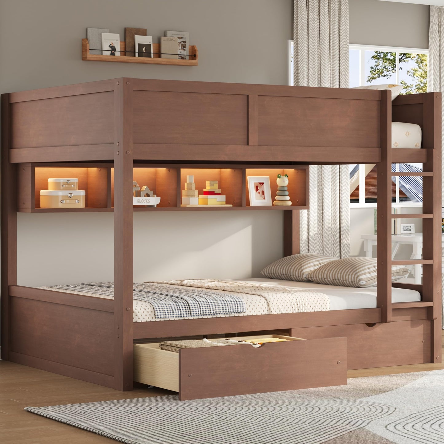 Merax Full XL Over Full XL Wood Bunk Bed Frame with Ladder,Storage Shelves & Drawers for Teens, Modern Low Bunk Bed with Solid Slats, Guardrail, No Box Spring Required, Easy Assembly, Brown
