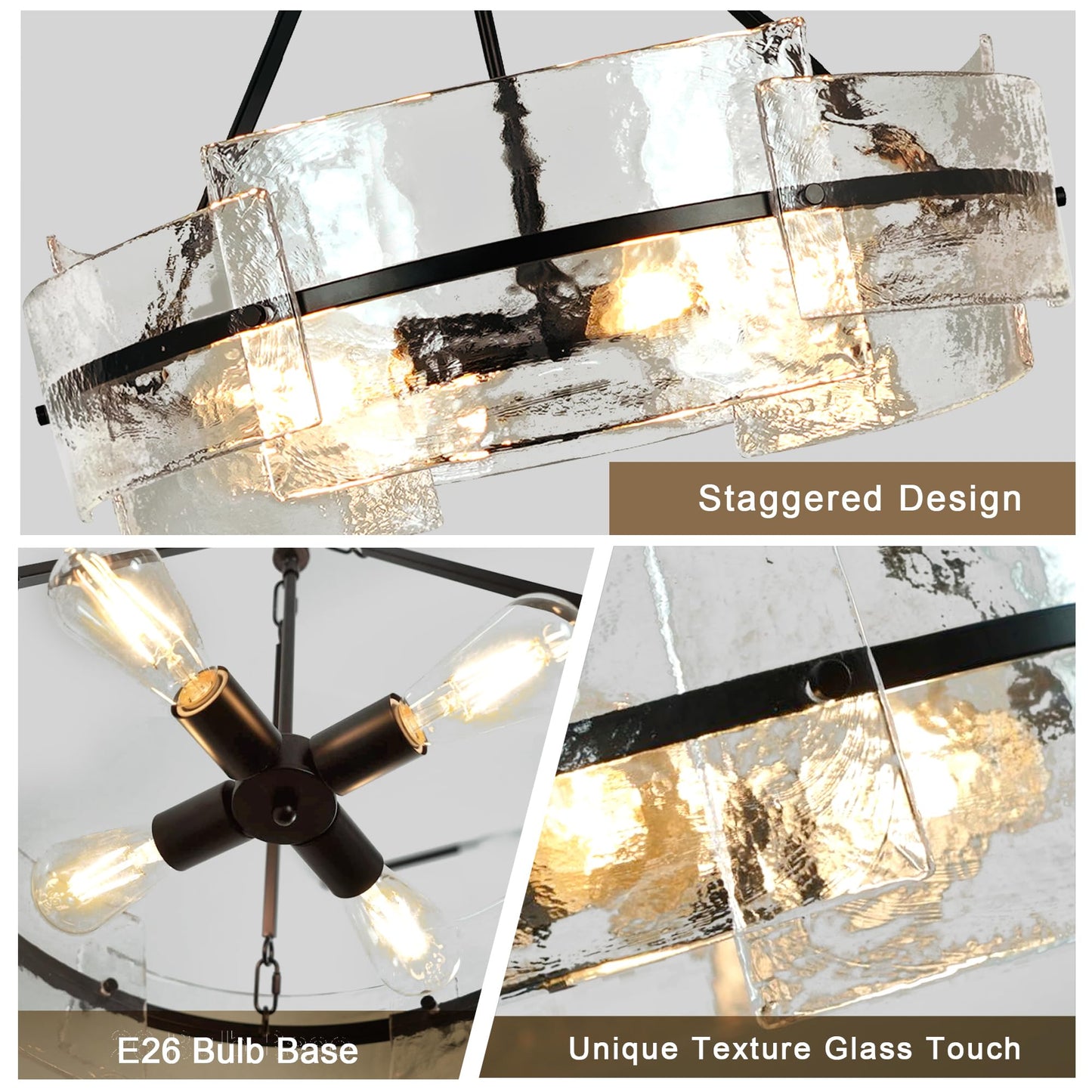 Water Textured Black Glass Drum Chandelier,Glass Chandeliers for Dining Room 20.8" Round Chandelier Dining Room Light Fixtures Over Table Modern Farmhouse Glass Pendant Light for Living Room Foyer