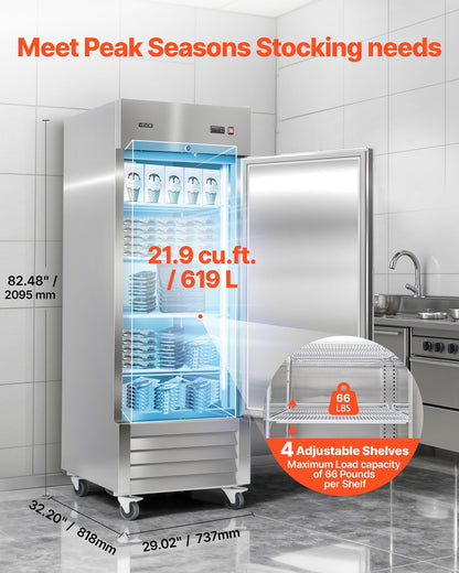VEVOR Commercial Reach-In Freezer 29" W, 22 Cu.Ft Stainless Steel Upright Freezer with Single Door, Auto-Defrost, 4 Adjustable Shelves, -11 to 14℉ Temp Control, LED Light, ETL Certified
