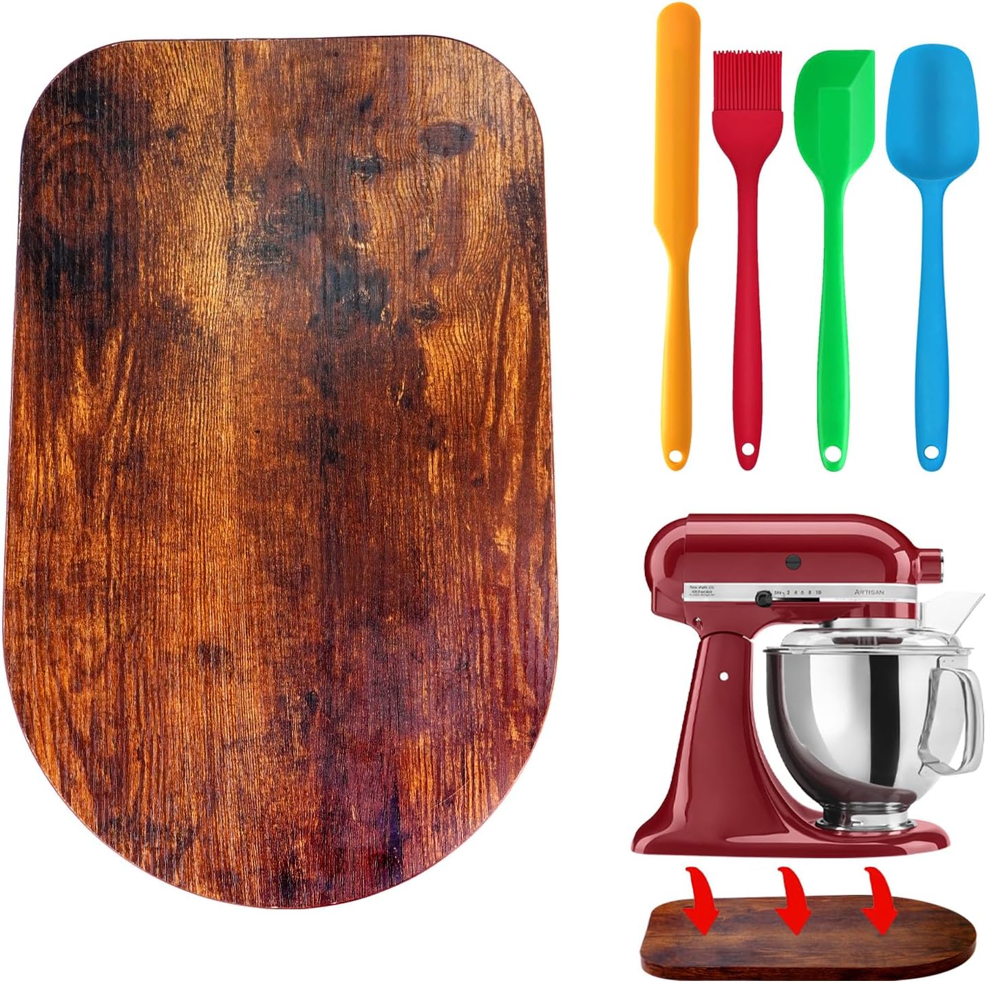 Wooden Sliding Mat for Kitchen Aid 4.5/5Qt Stand Mixer with 4 Silicone Kitchen Tools