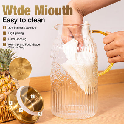 Amzcku Glass Pitcher with Lid, 68 oz/ 2 Liter Vintage Water Pitcher,Glass Water Carafe for Cold Brew, Coffee, Lemonade, Iced Tea,Beverage, Heat Resistant Water Glass Jug 1Pack