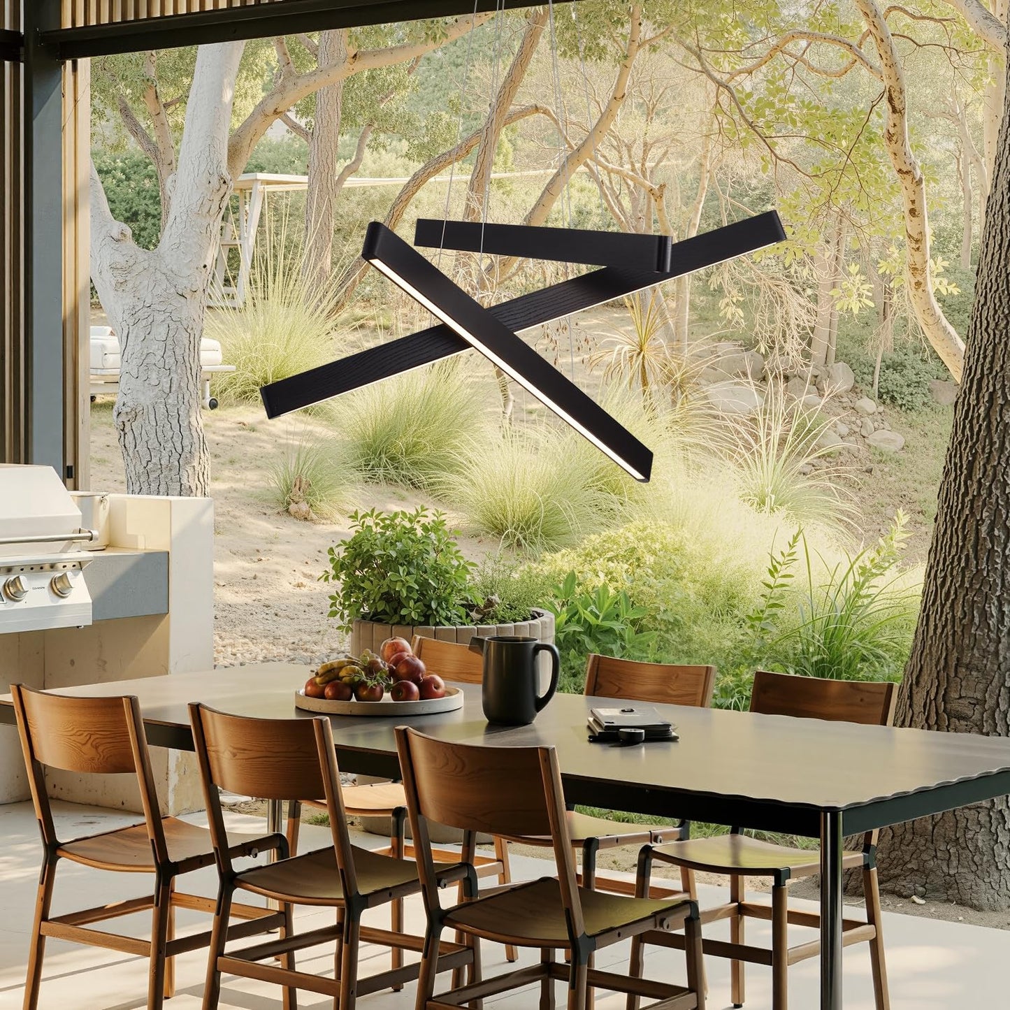YISDESIGN 3-Light Solid Wood Black Linear Pendant Light - Dimmable Modern LED Chandelier for Dining Room Table Kitchen Island Living Room Ceiling - 45W Warm Light Adjustable Hanging Fixture Black
