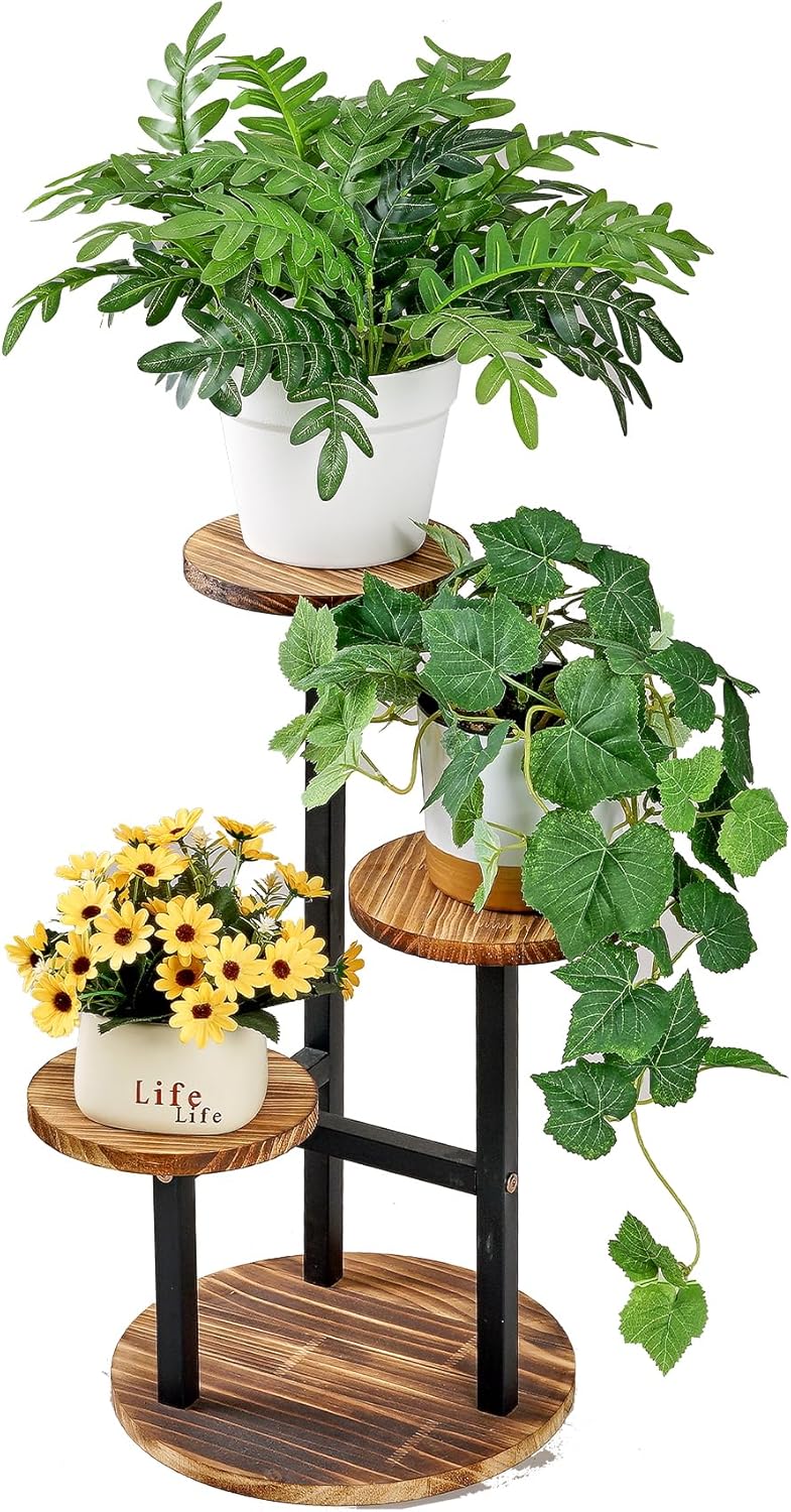 3 VECELO Tier Plant Stand Indoor Outdoor, Tall Metal Wood Flower Shelf for Multiple Plants, Small Tiered Round Corner