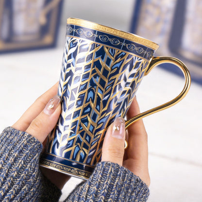 KAMMAK Bone China Mugs Set of 2, Ceramic Tea and Coffee Cups, 10.8oz Porcelain Tall Mugs Set, Hand-painted Cappuccino Mug for Latte, Americano, Breakfast Cereal, Hot Cocoa, Drinks (NX33)