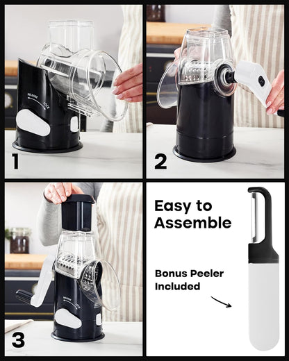 BASSWOOD Rotary Cheese Grater with Handle - Mandoline Slicer and 3 Stainless Steel Drum Blades (Black)