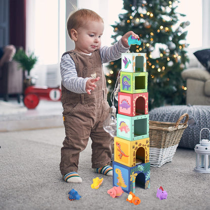 KMTJT Toddlers and Babies Dinosaur Sorting and Stacking Toys Blocks for 1-3 Kids Preschool Learning, Numbers Nesting Boxes Montessori Toys Gifts for 1 2 3 Year Old Baby Boys Girls