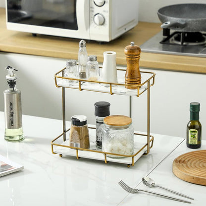 Bathroom Organizer Countertop Perfume Organizer Makeup Organizer Cosmetics Storage Display Rack Vanity Tray Dresser Stainless Steel Gold Shelf White Marble Ceramic Tray
