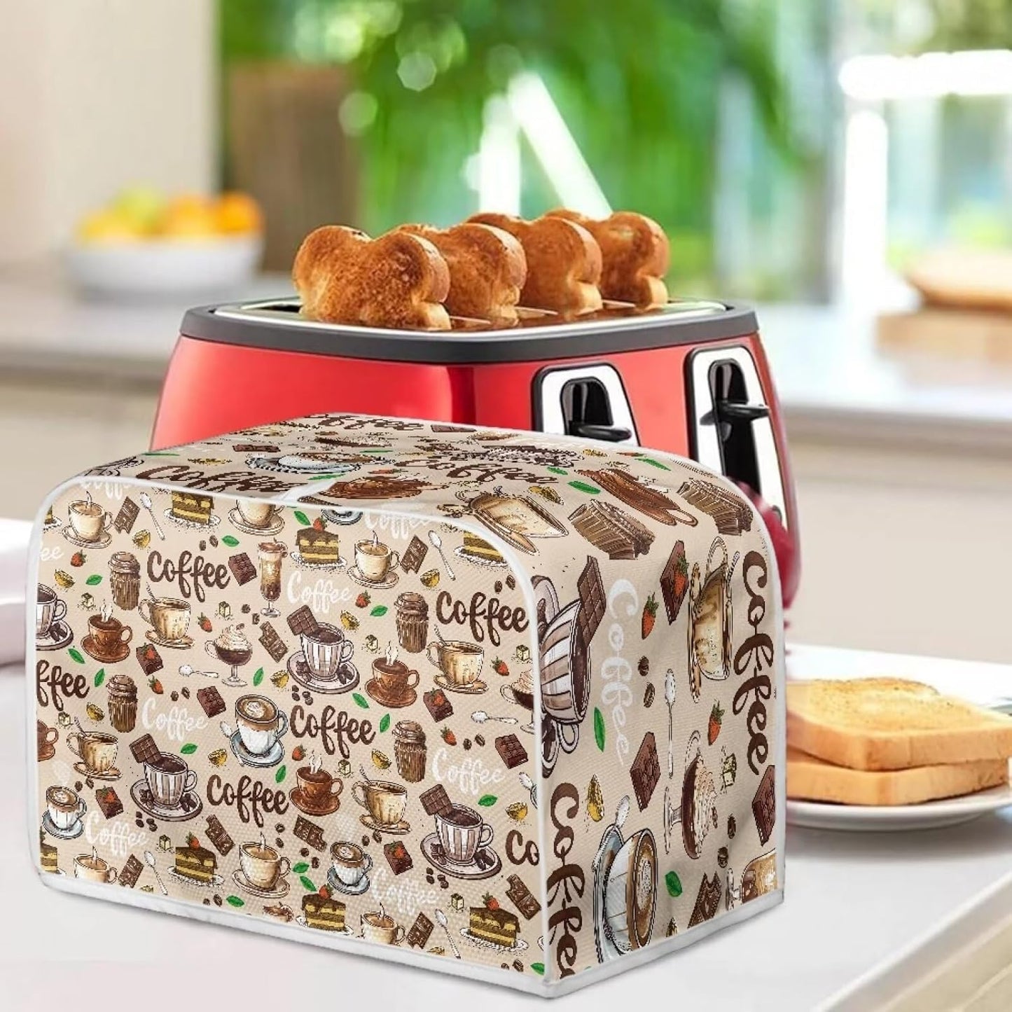 Coffee Cup Patterns 2 Slice Toaster Cover, Wide Slot Dust Cover Universal for Most Microwave Toaster Oven