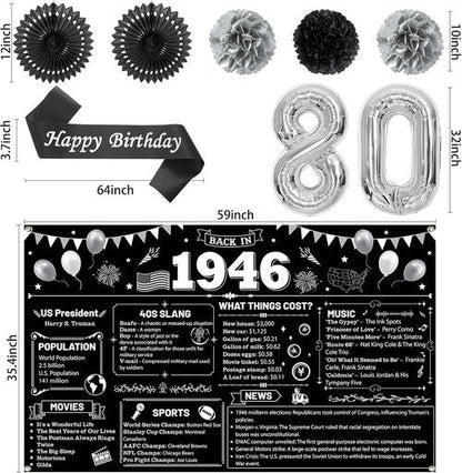 Holkcog 80th Birthday Decorations - Back In 1946 Poster & Banner Set with Balloons, Sash & Fans