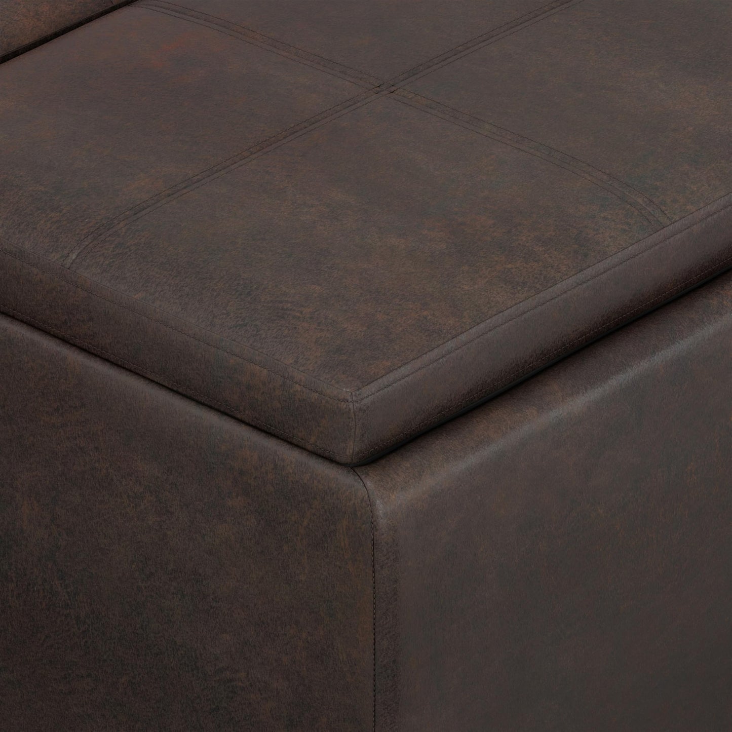 SIMPLIHOME Avalon Storage Ottoman - 42 inch Wide Upholstered Vegan Leather Rectangular Flip-Top Ottoman in Distressed Brown, Contemporary Coffee Table Ottoman for Living Room with Hidden Storage