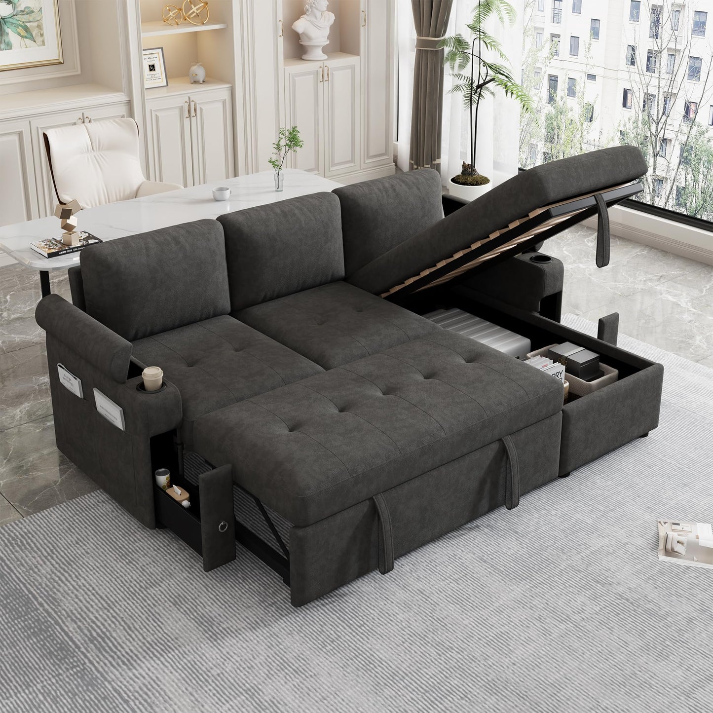 Merax Modern 83.5" L-Shaped Sectional Sofa with Pull-Out Sleeper Bed, USB Ports & Cup Holders, Chenille 3-Seat Couch with Storage Chaise Lounge, Side Pocket & Drawers for Living Room, Black